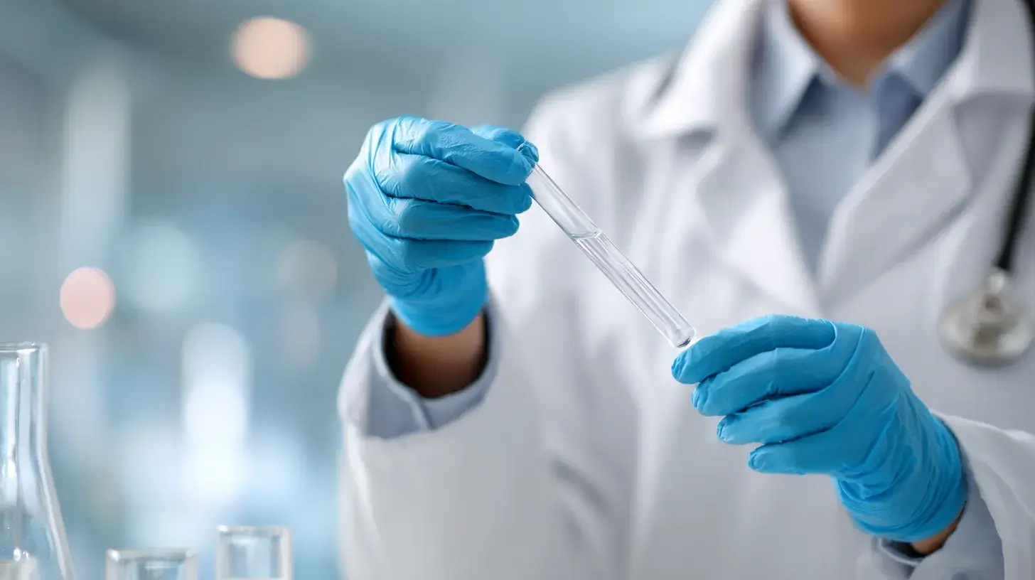 A person in a lab coat holds a test tube, focused on their work in a laboratory setting.